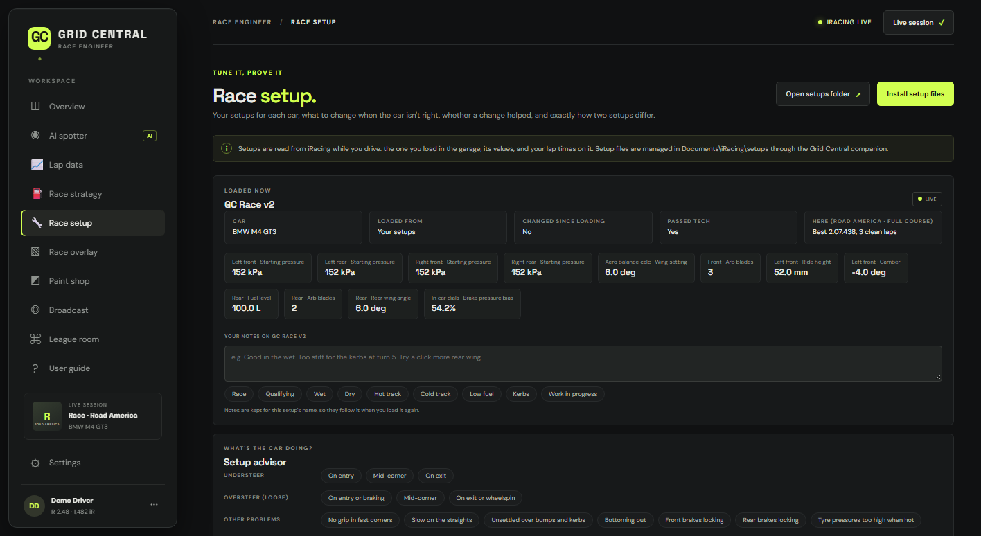 Race setup page with the loaded setup and the setup advisor